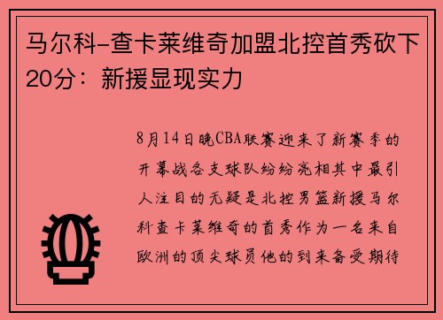 马尔科-查卡莱维奇加盟北控首秀砍下20分：新援显现实力